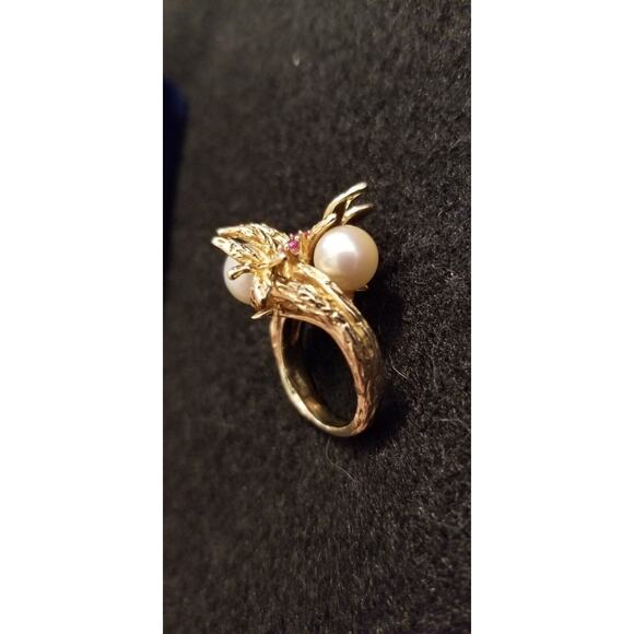 Estate Ladies 14K Gold Pearl & Pink Saphhire Ring Sz 4.5 Bold Statement Ring - Picture 6 of 12